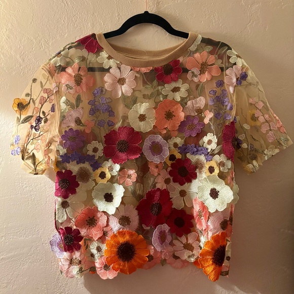 Anthropologie Tops - Embroidered Floral Sheer Short-Sleeve Top - Beige with Multicolor Flowers